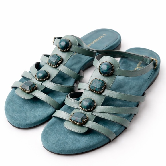 Bandolino Shoes - Bandolino Teal Leather Embellished Flat Sandals Size 7.5